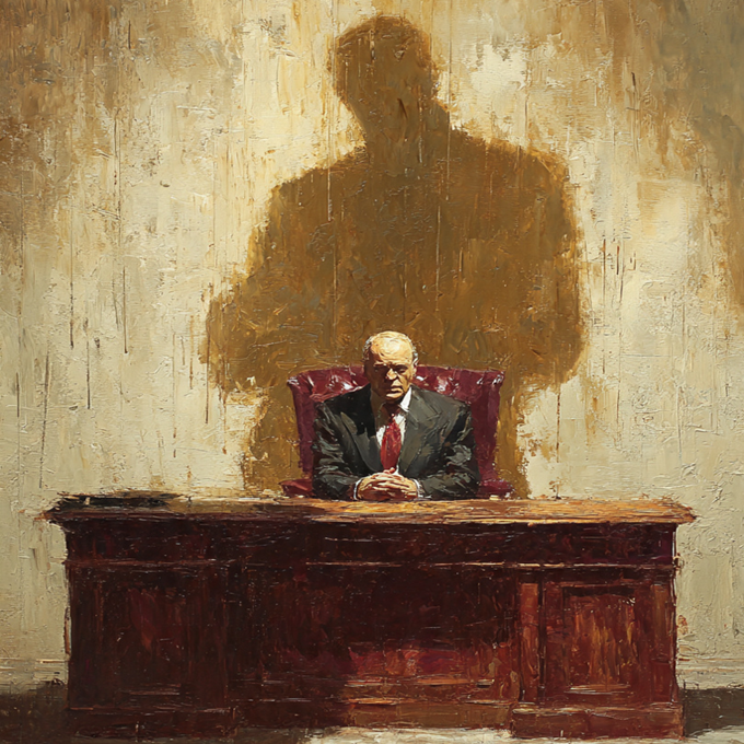 Seu chefe não é seu pai: entenda a Transferência no ambiente de trabalho. Pintura a óleo expressionista de um líder sentado em uma mesa imponente, com uma sombra projetada que sugere uma figura de autoridade familiar, simbolizando a transferência.