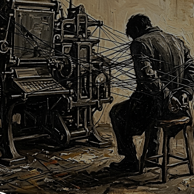 3 sinais de que o trabalho virou um sintoma: quando a exaustão vai além do cansaço. Ilustração de um homem sentado de costas, preso por fios a uma máquina antiga, representando o trabalho como sintoma e aprisionamento.