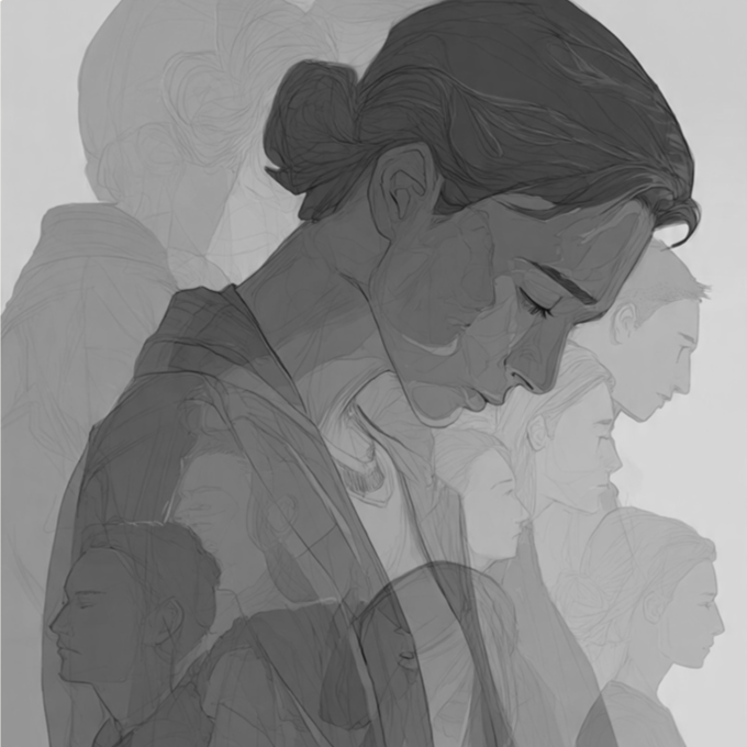 Ilustração em tons pastéis com uma pessoa cabisbaixa, sobreposta a silhuetas de pessoas, representando a ansiedade social.