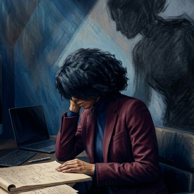 Ilustração artística representando a procrastinação como o medo de não atingir o eu idealizado no ambiente de trabalho.